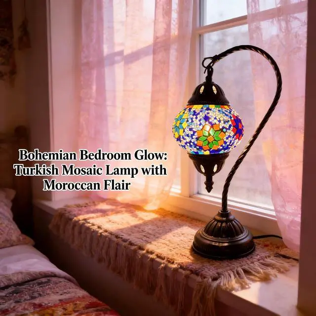 Alt view image 5 of 7 - Vintage Turkish Lamp Stained Glass Table Lamp, Handmade Turkish Moroccan Mosaic Lamp with Bronze Swan Neck Base, LED Bulb Included, Bedside Decor for Bedroom
