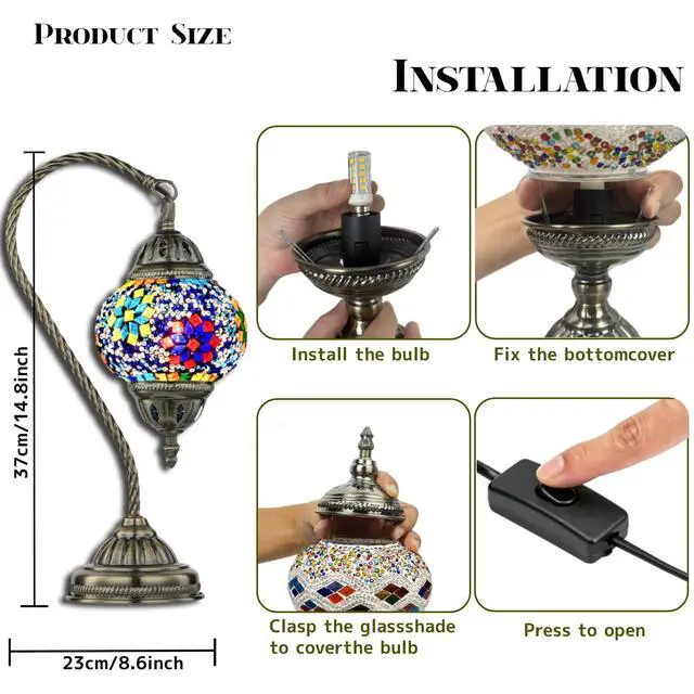 Alt view image 6 of 7 - Vintage Turkish Lamp Stained Glass Table Lamp, Handmade Turkish Moroccan Mosaic Lamp with Bronze Swan Neck Base, LED Bulb Included, Bedside Decor for Bedroom