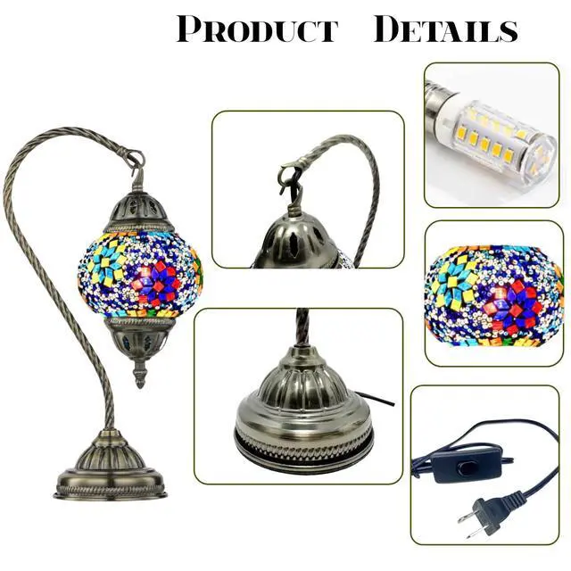 Alt view image 4 of 7 - Vintage Turkish Lamp Stained Glass Table Lamp, Handmade Turkish Moroccan Mosaic Lamp with Bronze Swan Neck Base, LED Bulb Included, Bedside Decor for Bedroom