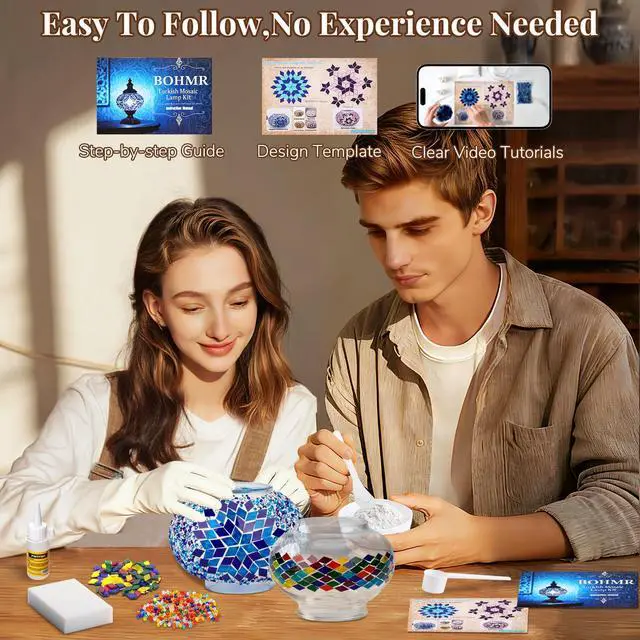 Alt view image 2 of 7 - DIY Turkish Mosaic Lamp Kit for Adults,Swan-Neck Stained Glass Lamp Making Kit- Easy,Fun,No Experience Needed, Mosaic Art & Craft Project Kits for Adults & Teens,Make Your Own Table Lamp,Blue