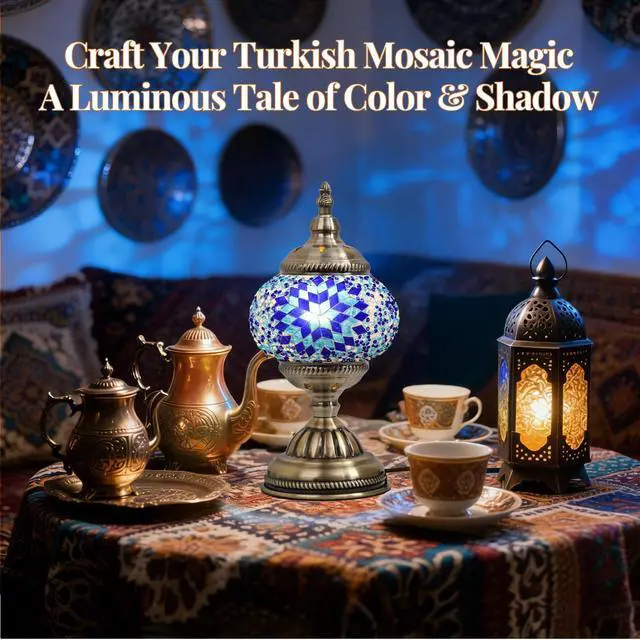 Alt view image 5 of 7 - DIY Turkish Mosaic Lamp Kit, Stained Glass Table Lamp Making Kit- Easy and Fun, No Experience Needed, Mosaic Art & Craft Project Kits for Adults & Teens, Make Your Own Table Lamp,Blue