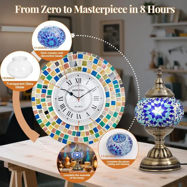 Alt view image 4 of 7 - DIY Turkish Mosaic Lamp Kit, Stained Glass Table Lamp Making Kit- Easy and Fun, No Experience Needed, Mosaic Art & Craft Project Kits for Adults & Teens, Make Your Own Table Lamp,Blue