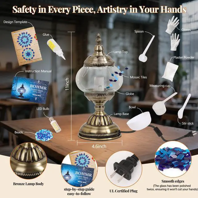 Alt view image 6 of 7 - DIY Turkish Mosaic Lamp Kit, Stained Glass Table Lamp Making Kit- Easy and Fun, No Experience Needed, Mosaic Art & Craft Project Kits for Adults & Teens, Make Your Own Table Lamp,Blue