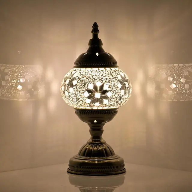 Main image of Turkish Moroccan Table Lamp Lantern with Handmade Mosaic Glass Lampshade Tiffany Style Bohemian Stained Glass Decorative Desk Lamps Bedside Night Lights for Bedroom (White Fancy)