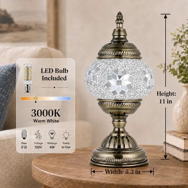 Alt view image 2 of 7 - Turkish Moroccan Table Lamp Lantern with Handmade Mosaic Glass Lampshade Tiffany Style Bohemian Stained Glass Decorative Desk Lamps Bedside Night Lights for Bedroom (White Fancy)