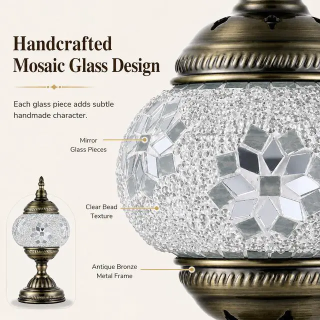 Alt view image 3 of 7 - Turkish Moroccan Table Lamp Lantern with Handmade Mosaic Glass Lampshade Tiffany Style Bohemian Stained Glass Decorative Desk Lamps Bedside Night Lights for Bedroom (White Fancy)