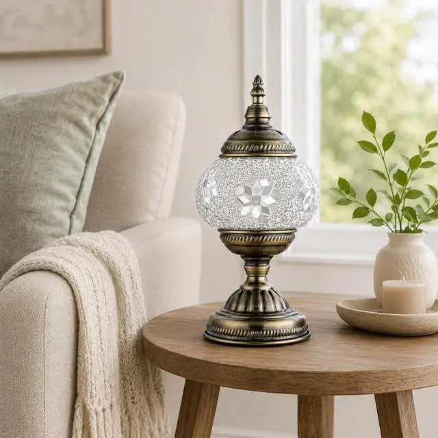 Alt view image 4 of 7 - Turkish Moroccan Table Lamp Lantern with Handmade Mosaic Glass Lampshade Tiffany Style Bohemian Stained Glass Decorative Desk Lamps Bedside Night Lights for Bedroom (White Fancy)