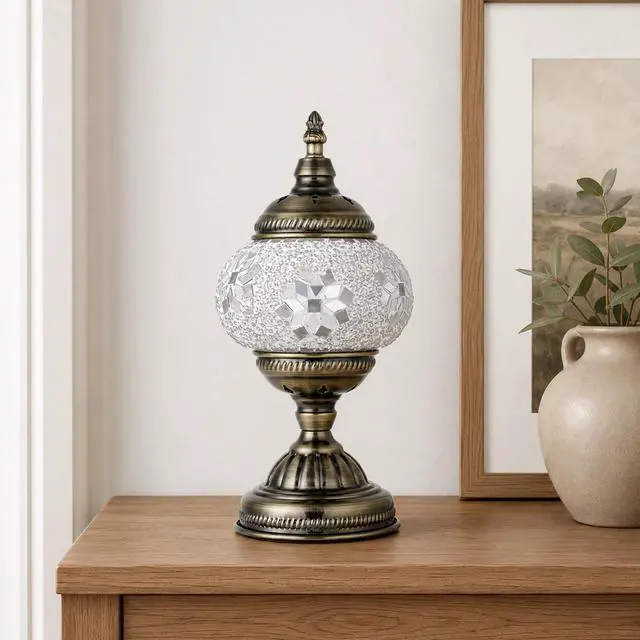 Alt view image 5 of 7 - Turkish Moroccan Table Lamp Lantern with Handmade Mosaic Glass Lampshade Tiffany Style Bohemian Stained Glass Decorative Desk Lamps Bedside Night Lights for Bedroom (White Fancy)