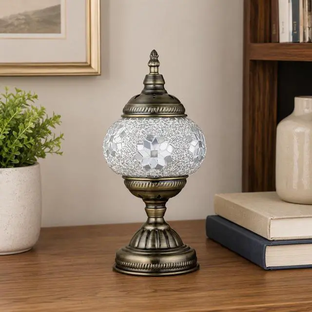 Alt view image 6 of 7 - Turkish Moroccan Table Lamp Lantern with Handmade Mosaic Glass Lampshade Tiffany Style Bohemian Stained Glass Decorative Desk Lamps Bedside Night Lights for Bedroom (White Fancy)