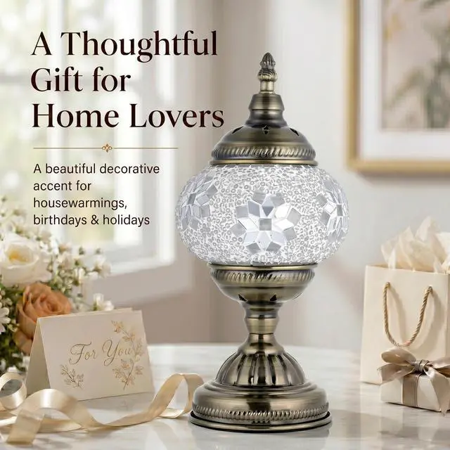 Alt view image 7 of 7 - Turkish Moroccan Table Lamp Lantern with Handmade Mosaic Glass Lampshade Tiffany Style Bohemian Stained Glass Decorative Desk Lamps Bedside Night Lights for Bedroom (White Fancy)