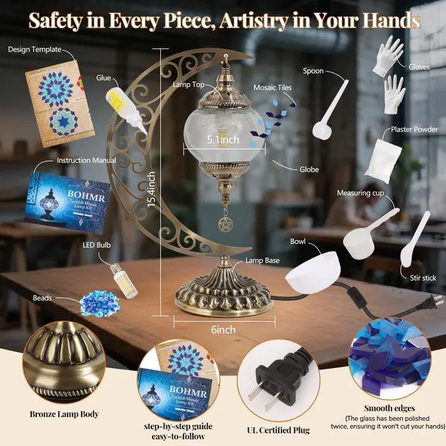 Alt view image 6 of 7 - DIY Turkish Mosaic Lamp Kit, Moon Stained Glass Lamp Making Kit- Easy,Fun,No Experience Needed, Mosaic Art & Craft Project Kits for Adults & Teens, Make Your Own Table Lamp,Christmas Gift,Blue