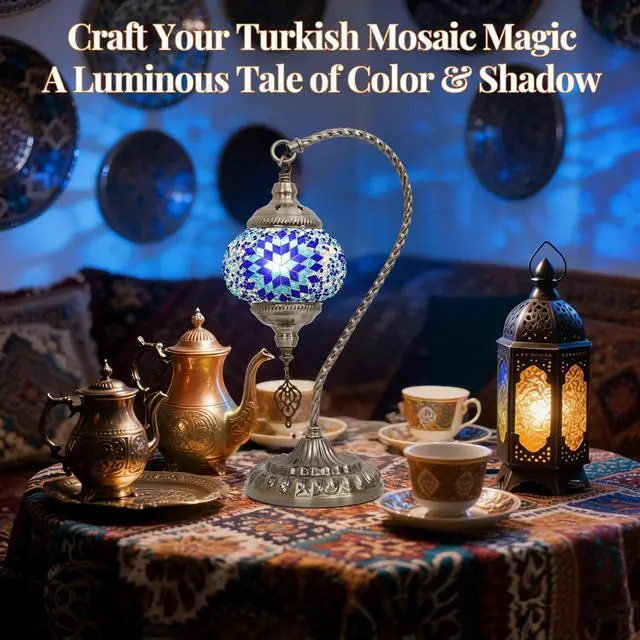 Alt view image 5 of 7 - DIY Turkish Mosaic Lamp Kit for Adults,Swan-Neck Stained Glass Lamp Making Kit- Easy,Fun,No Experience Needed, Mosaic Art & Craft Project Kits for Adults & Teens,Make Your Own Table Lamp,Blue