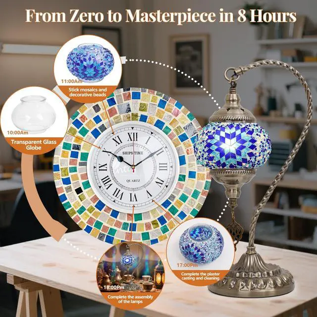 Alt view image 4 of 7 - DIY Turkish Mosaic Lamp Kit for Adults,Swan-Neck Stained Glass Lamp Making Kit- Easy,Fun,No Experience Needed, Mosaic Art & Craft Project Kits for Adults & Teens,Make Your Own Table Lamp,Blue