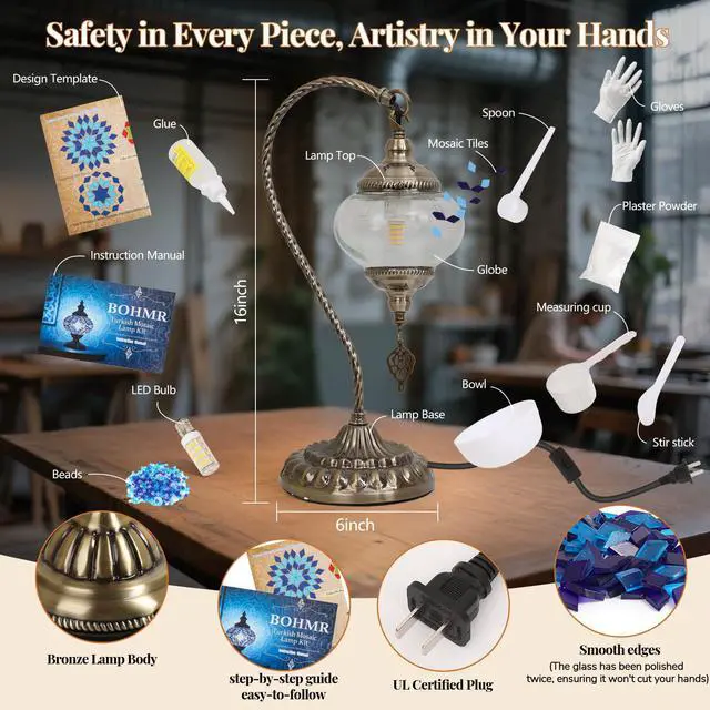 Alt view image 6 of 7 - DIY Turkish Mosaic Lamp Kit for Adults,Swan-Neck Stained Glass Lamp Making Kit- Easy,Fun,No Experience Needed, Mosaic Art & Craft Project Kits for Adults & Teens,Make Your Own Table Lamp,Blue