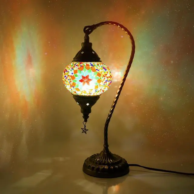 Main image of Turkish Moroccan Lamp with 3 Color Options - Handmade Tiffany Mosaic Glass Bedside Lamp with Bronze Base, Swan-Neck Nightstand Light for Bedroom (LED Bulb Included) (Multicolor A)