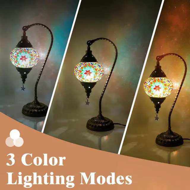 Alt view image 2 of 5 - Turkish Moroccan Lamp with 3 Color Options - Handmade Tiffany Mosaic Glass Bedside Lamp with Bronze Base, Swan-Neck Nightstand Light for Bedroom (LED Bulb Included) (Multicolor A)