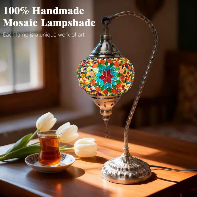 Alt view image 5 of 5 - Turkish Moroccan Lamp with 3 Color Options - Handmade Tiffany Mosaic Glass Bedside Lamp with Bronze Base, Swan-Neck Nightstand Light for Bedroom (LED Bulb Included) (Multicolor A)