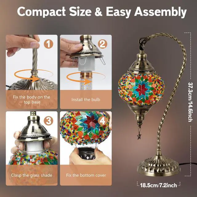 Alt view image 4 of 5 - Turkish Moroccan Lamp with 3 Color Options - Handmade Tiffany Mosaic Glass Bedside Lamp with Bronze Base, Swan-Neck Nightstand Light for Bedroom (LED Bulb Included) (Multicolor A)
