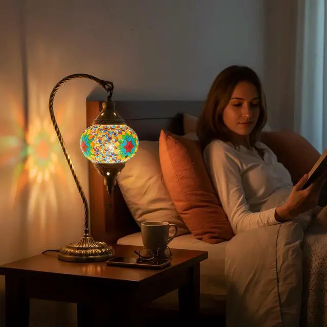 Alt view image 3 of 5 - Turkish Moroccan Lamp with 3 Color Options - Handmade Tiffany Mosaic Glass Bedside Lamp with Bronze Base, Swan-Neck Nightstand Light for Bedroom (LED Bulb Included) (Multicolor A)