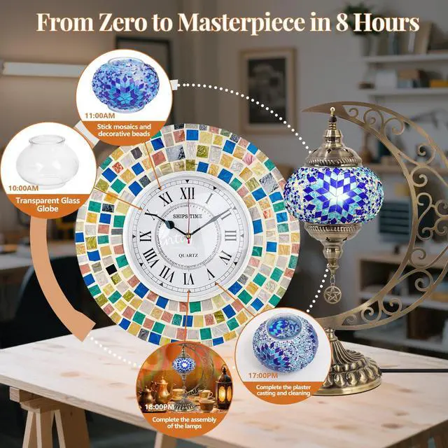 Alt view image 4 of 7 - DIY Turkish Mosaic Lamp Kit, Moon Stained Glass Lamp Making Kit- Easy,Fun,No Experience Needed, Mosaic Art & Craft Project Kits for Adults & Teens, Make Your Own Table Lamp,Christmas Gift,Blue