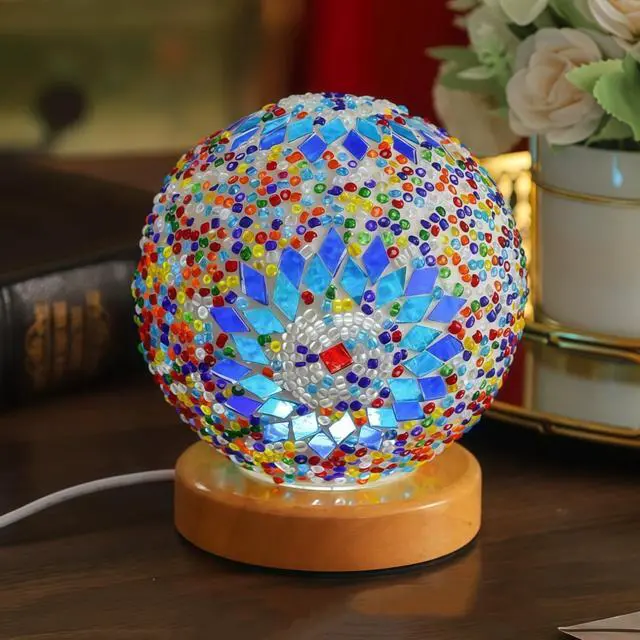 Main image of Tiffany Style Table Lamp, Turkish Table Lamp with Wooden Base, Handmade Colorful Mosaic Glass Lamps, Vintage Moroccan USB Bedside Lamps, Desk Lamp for Living Room,Bedroom,Bohemian Decor(Blue), 5.5