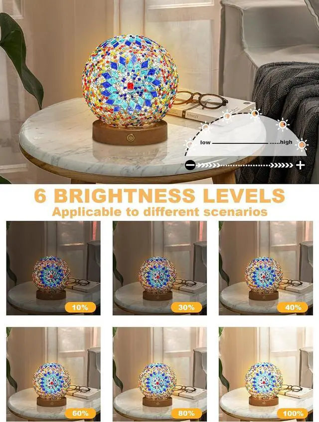 Alt view image 5 of 7 - Tiffany Style Table Lamp, Turkish Table Lamp with Wooden Base, Handmade Colorful Mosaic Glass Lamps, Vintage Moroccan USB Bedside Lamps, Desk Lamp for Living Room,Bedroom,Bohemian Decor(Blue), 5.5