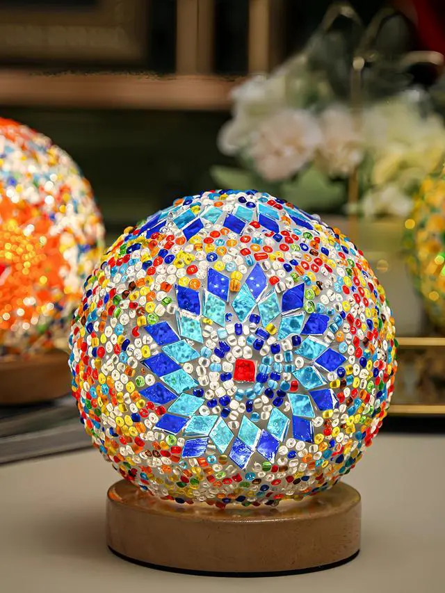 Alt view image 2 of 7 - Tiffany Style Table Lamp, Turkish Table Lamp with Wooden Base, Handmade Colorful Mosaic Glass Lamps, Vintage Moroccan USB Bedside Lamps, Desk Lamp for Living Room,Bedroom,Bohemian Decor(Blue), 5.5