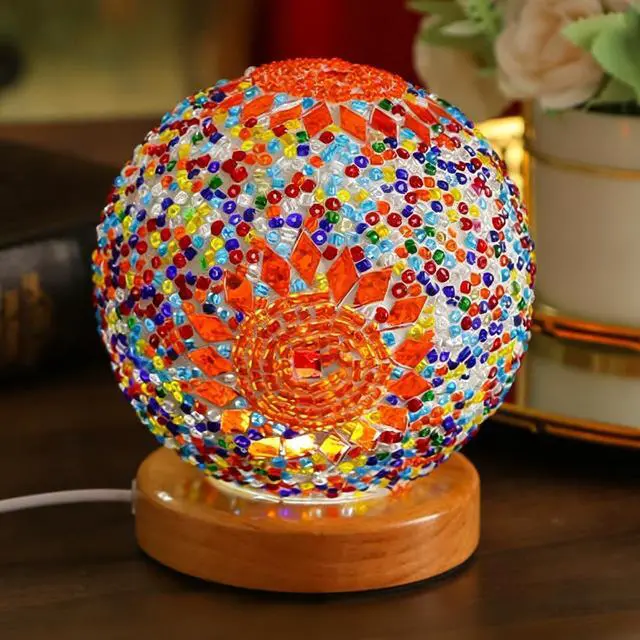 Main image of Vintage Turkish Night Lights Mosaic Glass Lamps with Wooden Base 5V Bohemian Bedside Lamp Ramadan/Eid Decorations Yoga & Meditation Lamp Holiday Gathering Decor (Boho-Orange, Boho)