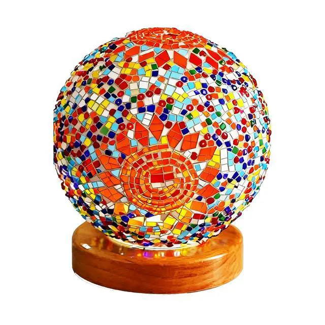 Alt view image 3 of 3 - Vintage Turkish Night Lights Mosaic Glass Lamps with Wooden Base 5V Bohemian Bedside Lamp Ramadan/Eid Decorations Yoga & Meditation Lamp Holiday Gathering Decor (Boho-Orange, Boho)