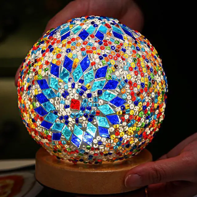 Main image of Turkish Table lamp (D:4.7" x H:5.2"),Mosaic Glass Lamps with Wooden Base, Bohemian Tiffany Bedside Lamps, USB Power Moroccan Lantern for Living Room Decorations (Boho - Blue, Boho)