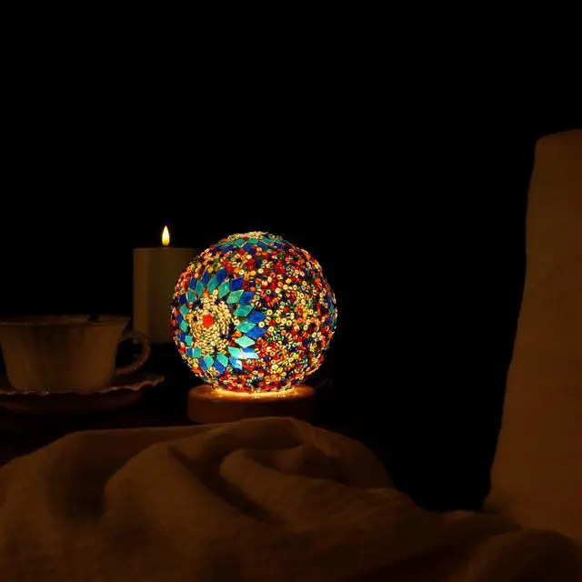 Alt view image 3 of 5 - Turkish Table lamp (D:4.7" x H:5.2"),Mosaic Glass Lamps with Wooden Base, Bohemian Tiffany Bedside Lamps, USB Power Moroccan Lantern for Living Room Decorations (Boho - Blue, Boho)