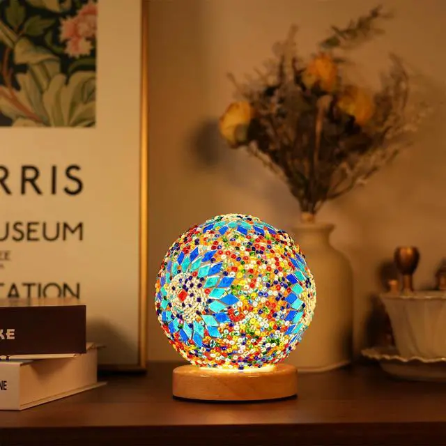 Alt view image 4 of 5 - Turkish Table lamp (D:4.7" x H:5.2"),Mosaic Glass Lamps with Wooden Base, Bohemian Tiffany Bedside Lamps, USB Power Moroccan Lantern for Living Room Decorations (Boho - Blue, Boho)