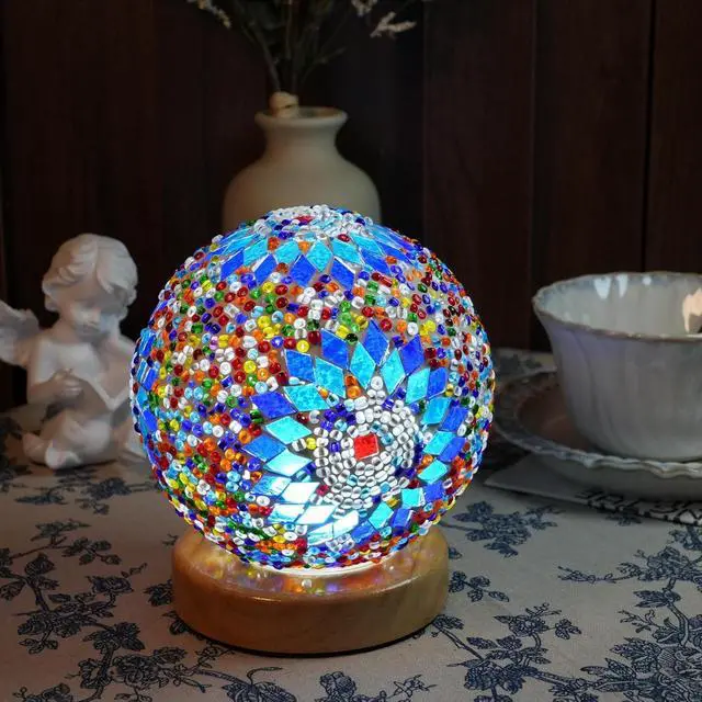 Alt view image 5 of 5 - Turkish Table lamp (D:4.7" x H:5.2"),Mosaic Glass Lamps with Wooden Base, Bohemian Tiffany Bedside Lamps, USB Power Moroccan Lantern for Living Room Decorations (Boho - Blue, Boho)
