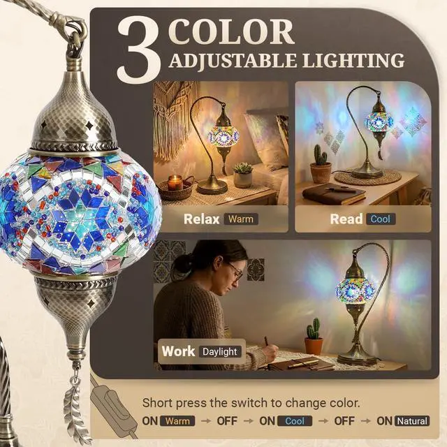 Alt view image 2 of 7 - Turkish Moroccan Mosaic Table Lamp - 19 Tiffany Style Bedside Light with Bronze Base, 3 Color Options LED, Handmade Boho Accent Lighting (Blue1)