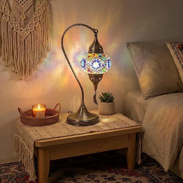 Alt view image 3 of 7 - Turkish Moroccan Mosaic Table Lamp - 19 Tiffany Style Bedside Light with Bronze Base, 3 Color Options LED, Handmade Boho Accent Lighting (Blue1)