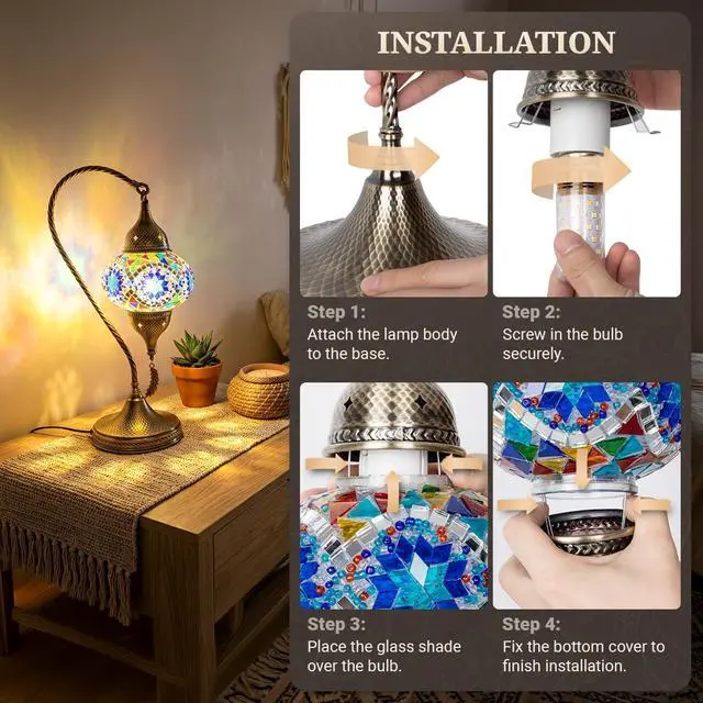 Alt view image 7 of 7 - Turkish Moroccan Mosaic Table Lamp - 19 Tiffany Style Bedside Light with Bronze Base, 3 Color Options LED, Handmade Boho Accent Lighting (Blue1)
