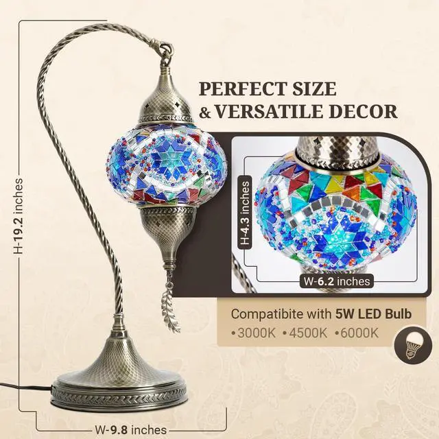 Alt view image 6 of 7 - Turkish Moroccan Mosaic Table Lamp - 19 Tiffany Style Bedside Light with Bronze Base, 3 Color Options LED, Handmade Boho Accent Lighting (Blue1)