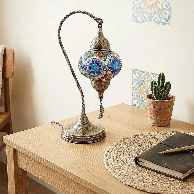 Alt view image 4 of 7 - Turkish Moroccan Mosaic Table Lamp - 19 Tiffany Style Bedside Light with Bronze Base, 3 Color Options LED, Handmade Boho Accent Lighting (Blue1)