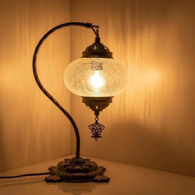 Main image of Turkish Crack Clear Lamp Baked-On Paint, Handmade Mosaic Glass Ottoman Moroccan Nightstand, Swan Neck Bedroom Light, Boho E14 Socket, Plug-in Cord with On/Off Switch (Crackle Amber)