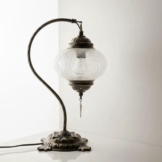 Alt view image 2 of 7 - Turkish Crack Clear Lamp Baked-On Paint, Handmade Mosaic Glass Ottoman Moroccan Nightstand, Swan Neck Bedroom Light, Boho E14 Socket, Plug-in Cord with On/Off Switch (Crackle Amber)