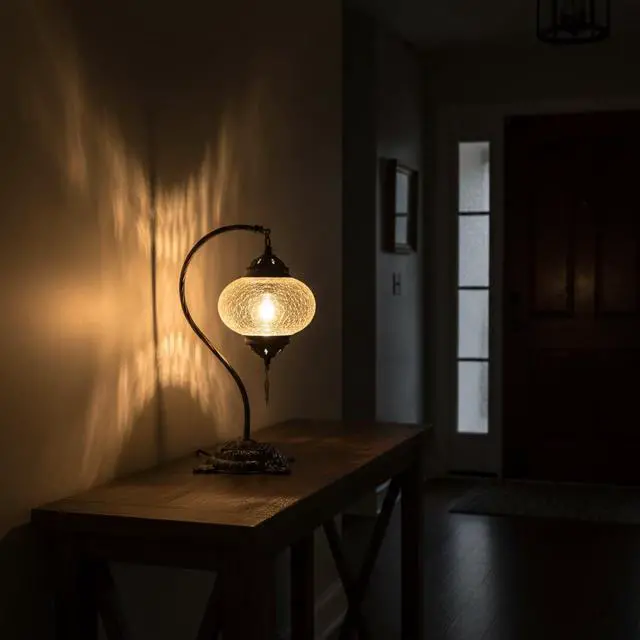 Alt view image 3 of 7 - Turkish Crack Clear Lamp Baked-On Paint, Handmade Mosaic Glass Ottoman Moroccan Nightstand, Swan Neck Bedroom Light, Boho E14 Socket, Plug-in Cord with On/Off Switch (Crackle Amber)