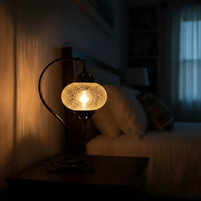 Alt view image 5 of 7 - Turkish Crack Clear Lamp Baked-On Paint, Handmade Mosaic Glass Ottoman Moroccan Nightstand, Swan Neck Bedroom Light, Boho E14 Socket, Plug-in Cord with On/Off Switch (Crackle Amber)
