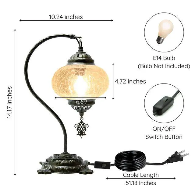 Alt view image 7 of 7 - Turkish Crack Clear Lamp Baked-On Paint, Handmade Mosaic Glass Ottoman Moroccan Nightstand, Swan Neck Bedroom Light, Boho E14 Socket, Plug-in Cord with On/Off Switch (Crackle Amber)