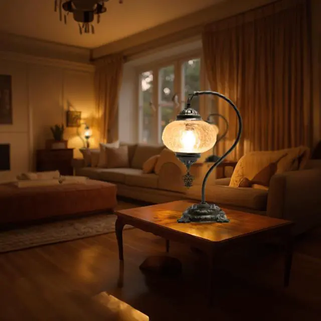 Alt view image 4 of 7 - Turkish Crack Clear Lamp Baked-On Paint, Handmade Mosaic Glass Ottoman Moroccan Nightstand, Swan Neck Bedroom Light, Boho E14 Socket, Plug-in Cord with On/Off Switch (Crackle Amber)