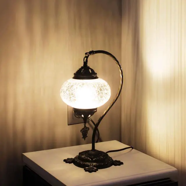 Alt view image 6 of 7 - Turkish Crack Clear Lamp Baked-On Paint, Handmade Mosaic Glass Ottoman Moroccan Nightstand, Swan Neck Bedroom Light, Boho E14 Socket, Plug-in Cord with On/Off Switch (Crackle Amber)