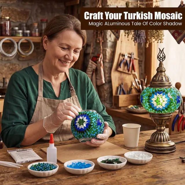 Alt view image 6 of 7 - DIY Turkish Mosaic Lamp Kit for Adults Stained Glass Decorative Make Your Own Table Lamp Bronze Metal for Living Room Bedroom Bedside Decorations