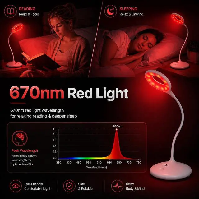 Alt view image 2 of 7 - Desk Lamp with 670nm Red Light Therapy for Reading Sleep Bedroom
