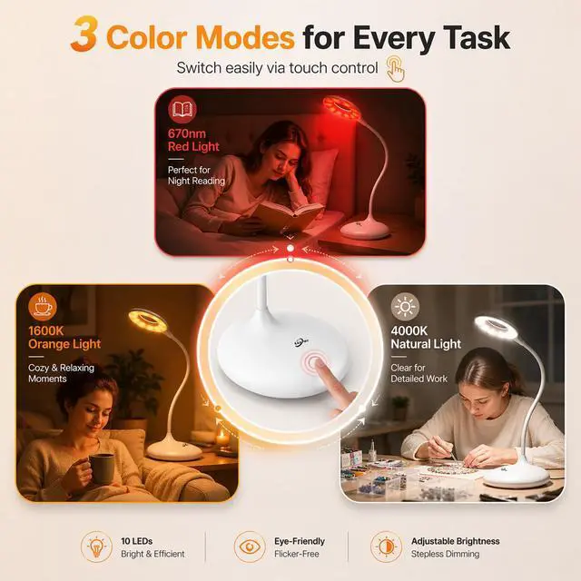 Alt view image 4 of 7 - Desk Lamp with 670nm Red Light Therapy for Reading Sleep Bedroom