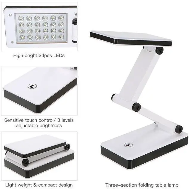 Alt view image 3 of 7 - Foldable LED Desk Lamp Portable LED Table Lamp Folding Light Sensitive Touch Control 3 Levels Adjustable Brightness Battery and USB Powered for Travel Reading Studing Home Office School