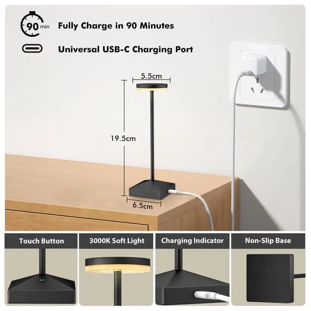 Alt view image 4 of 7 - 3 Pack Small Black Rechargeable Cordless Table Lamps Dimmable